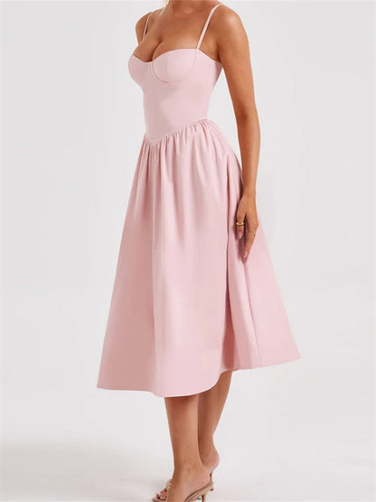 Elegant Solid Color Sleeveless Strap Low Cut Backless Formal Midi Dress