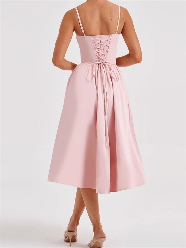 Elegant Solid Color Sleeveless Strap Low Cut Backless Formal Midi Dress