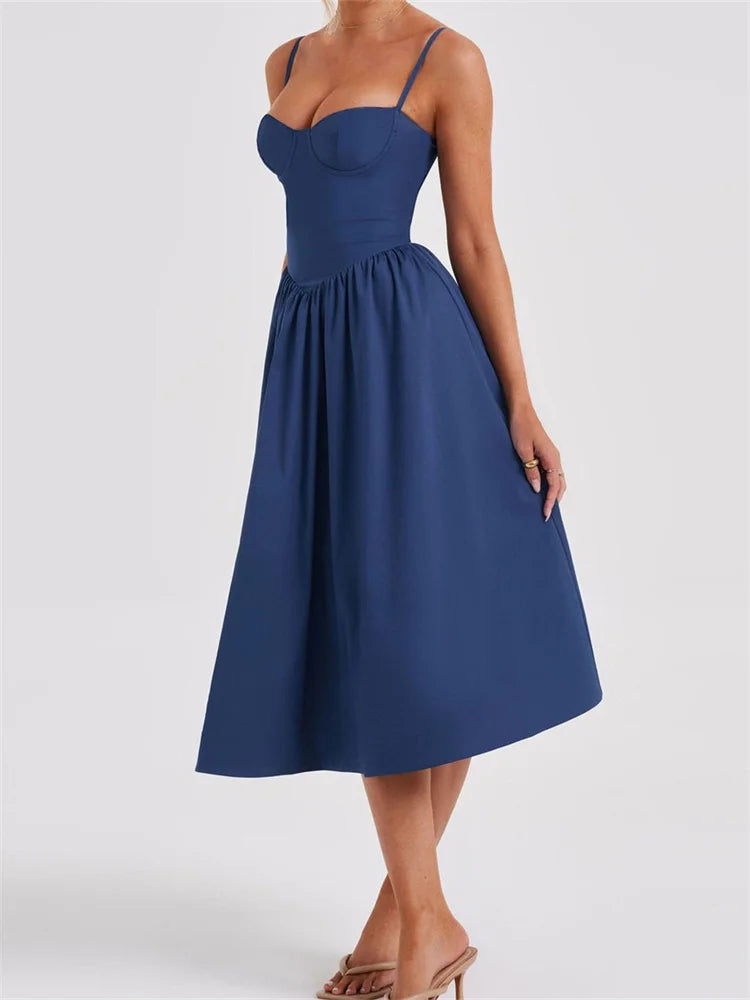 Elegant Solid Color Sleeveless Strap Low Cut Backless Formal Midi Dress
