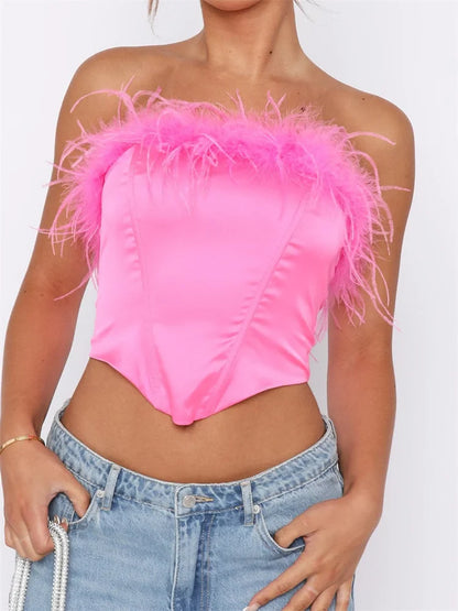 Sexy Women Solid Tube Feather Patchwork Strapless Summer Irregular Hem Exposed Navel Mini Vest Streetwear Crop Top