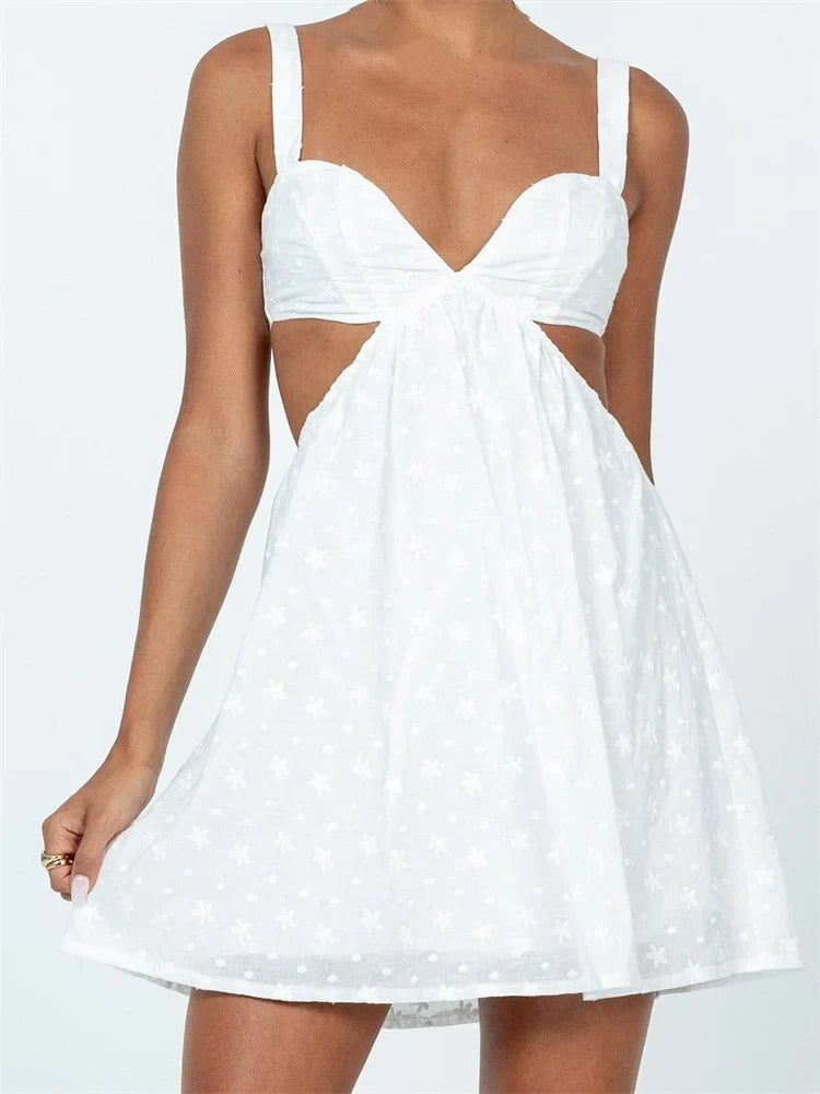 V-Neck Sleeveless Backless Hollow Out Lace Mini Dresses