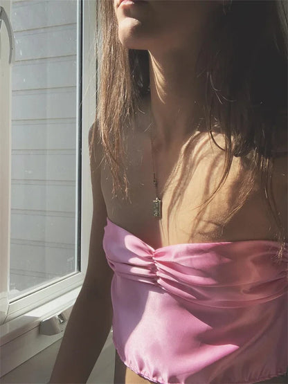 Sleeveless Tube Sexy Satin Halter Y2K Backless Bandage Female Fashion Club Party Tank Crop Top
