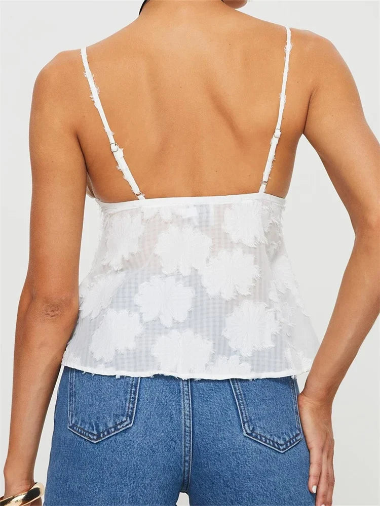 Vintage Sleeveless Strap V-neck Lace Floral White Solid Color Summer Party Beach Vest 2024 Crop Top
