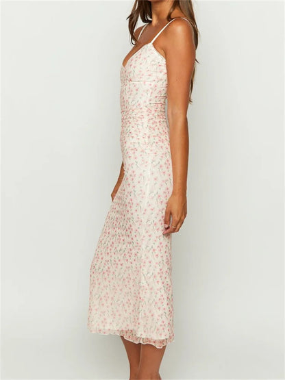 Vintage Floral Print Sleeveless Strap Summer Slim Fit V-Neck Midi Dress