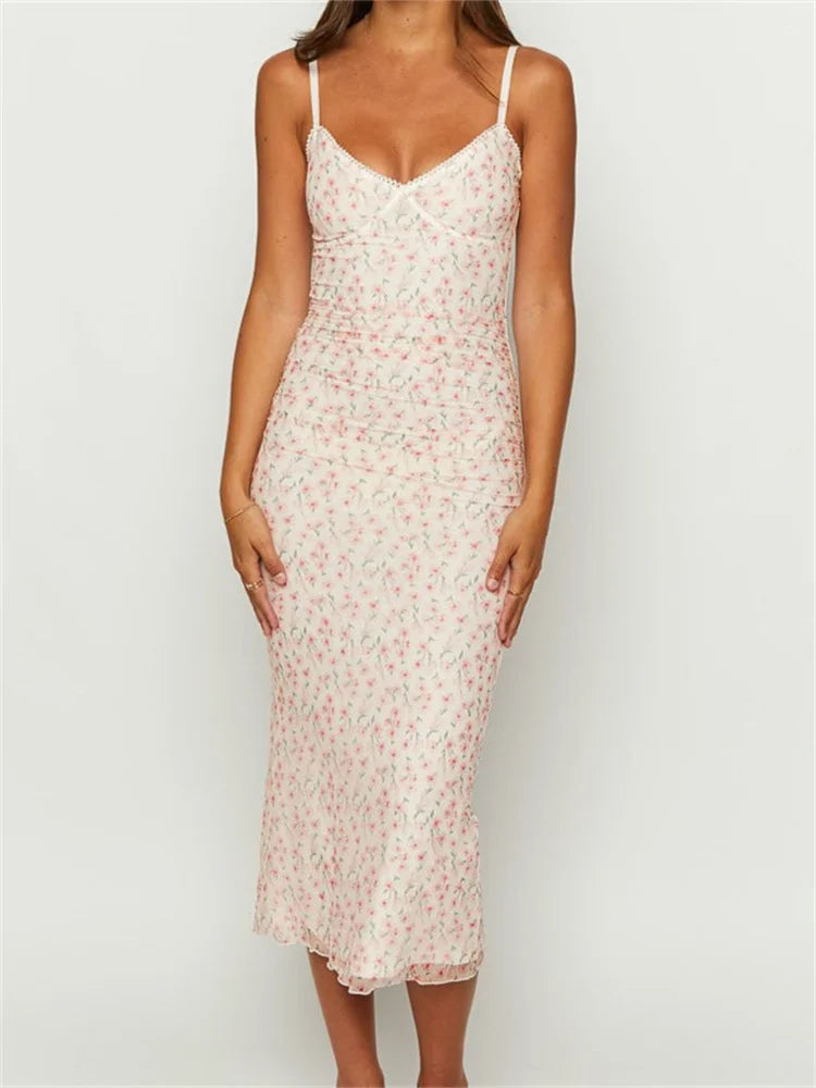 Vintage Floral Print Sleeveless Strap Summer Slim Fit V-Neck Midi Dress