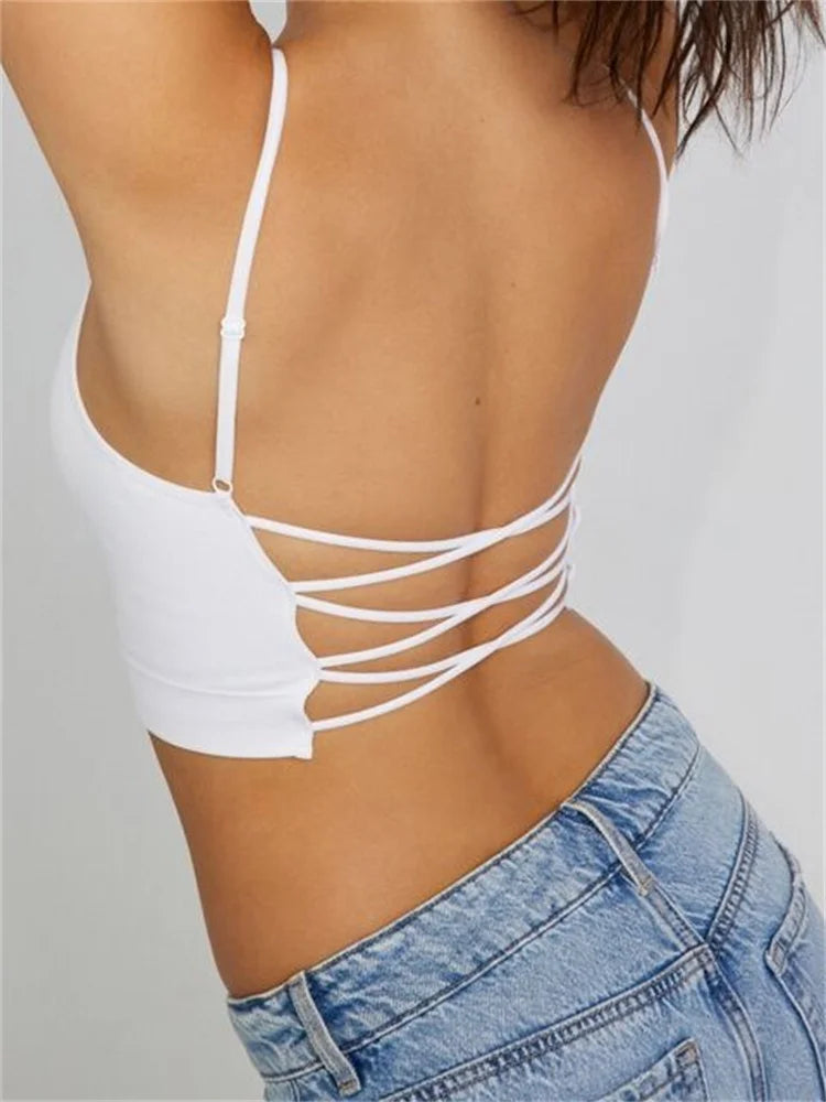 Cropped Solid Color Summer Backless Spaghetti Strap Top Sleeveless Mini Vest for Streetwear Clubwear Crop Top