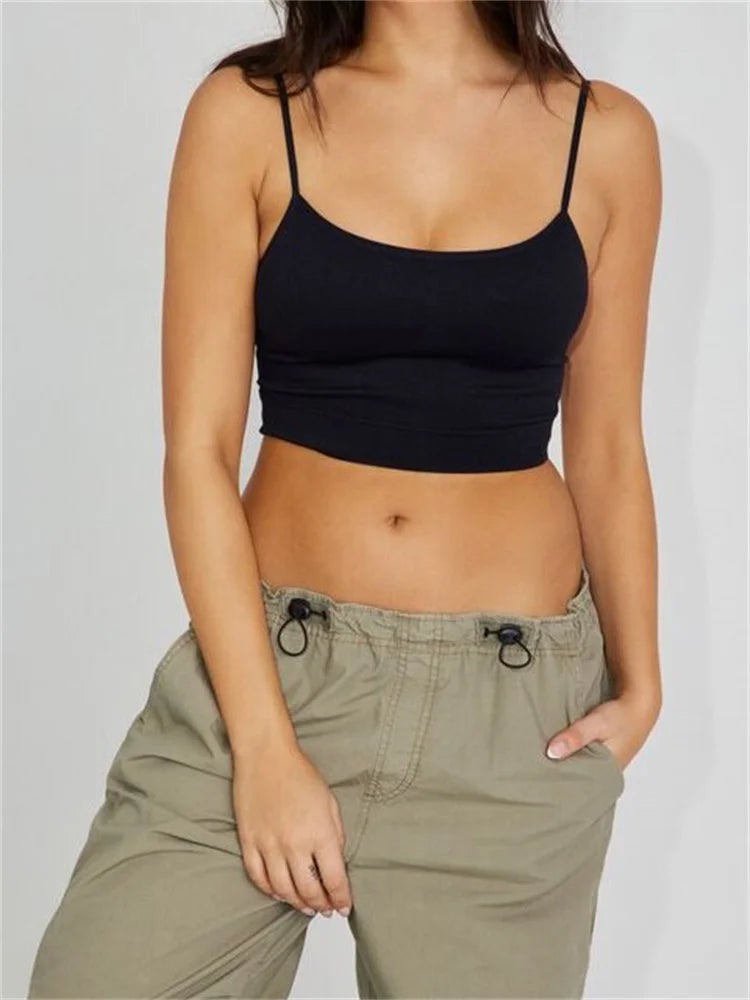 Cropped Solid Color Summer Backless Spaghetti Strap Top Sleeveless Mini Vest for Streetwear Clubwear Crop Top
