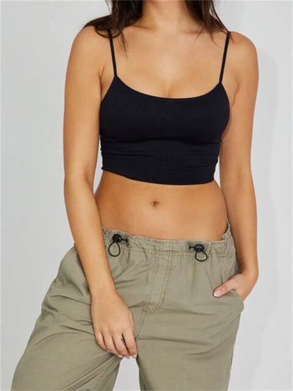 Cropped Solid Color Summer Backless Spaghetti Strap Top Sleeveless Mini Vest for Streetwear Clubwear Crop Top
