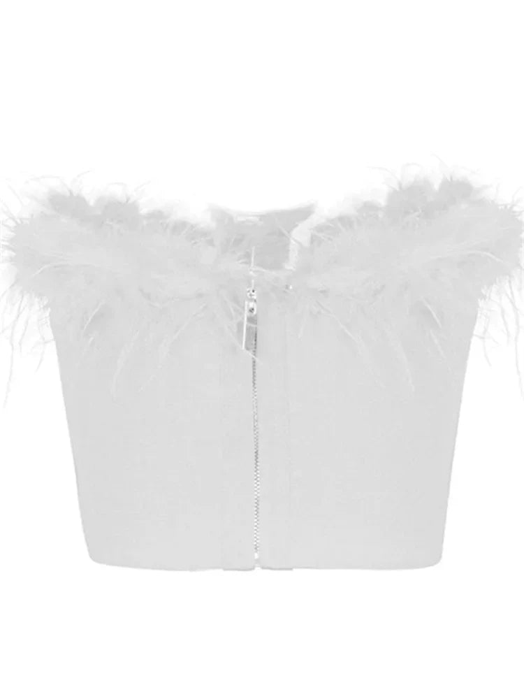 Women Fur Feather Patchwork Tube 2024 New Sexy Summer Strapless Off Shoulder Backless Back Zip Up Slim Vest Crop Top