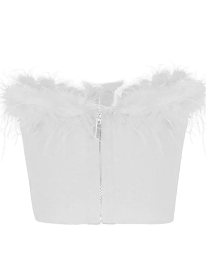 Women Fur Feather Patchwork Tube 2024 New Sexy Summer Strapless Off Shoulder Backless Back Zip Up Slim Vest Crop Top