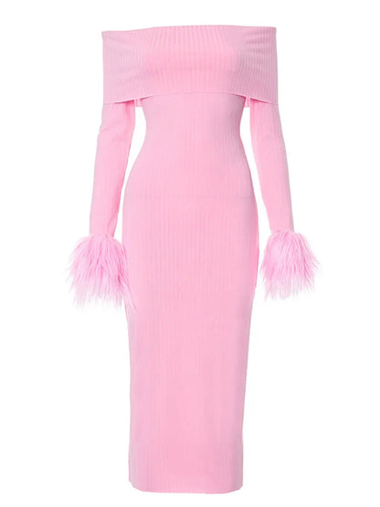 Knitted Long Sleeve Off-Shoulder Fur Patchwork Ribbed Bodycon Midi Dress