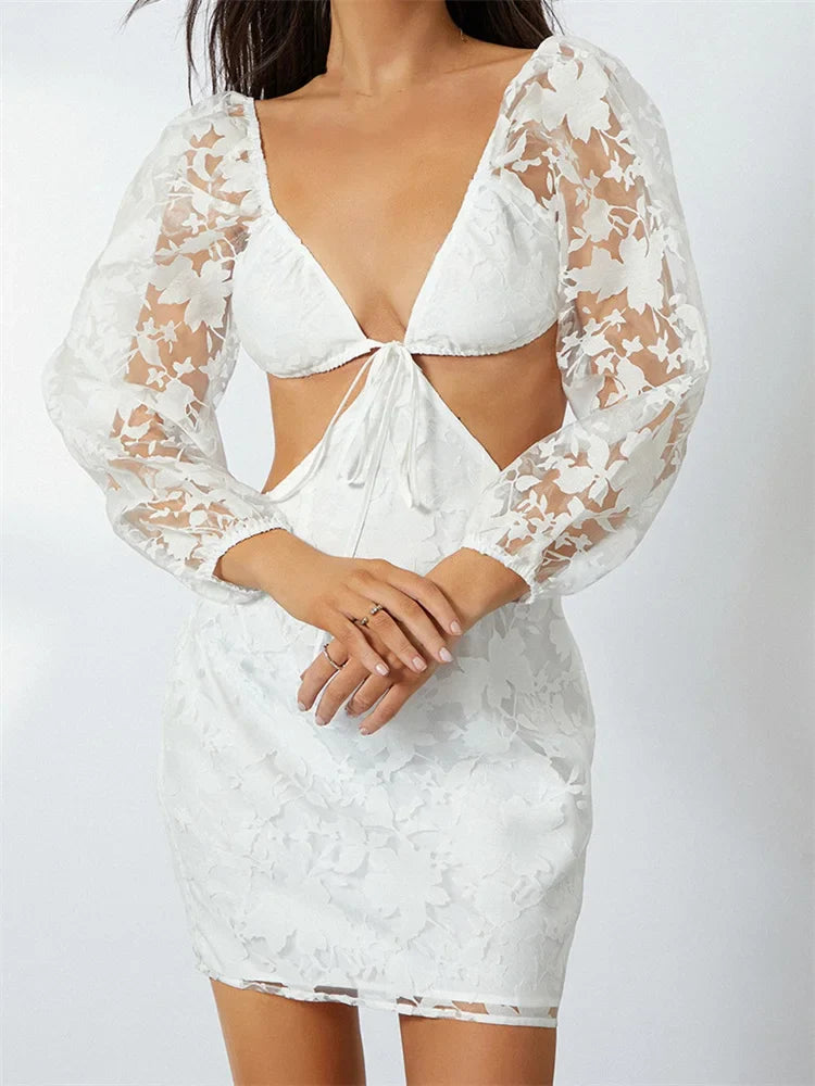 Long Sleeve V Neck Tie-up Backless Floral See Through Mini Dresses