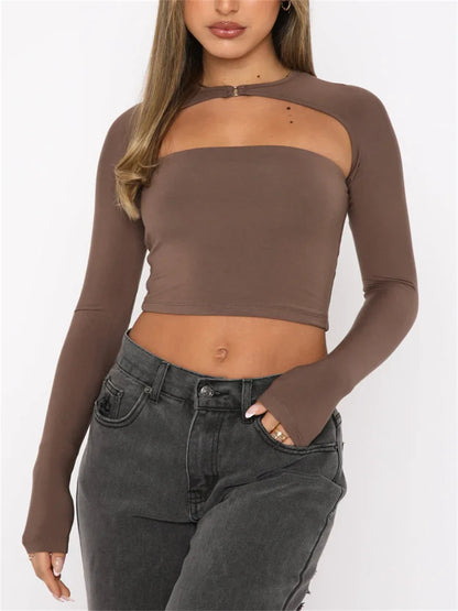 Long Sleeve Cutout Crop Casual Fashion Solid Color Backless Slim Fit T-shirts