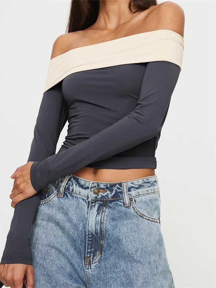 Long Sleeve Crop Contrast Color Off-Shoulder Casual Club Streetwear Aesthetic T-shirts
