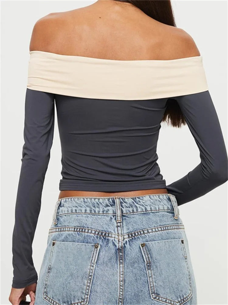 Long Sleeve Crop Contrast Color Off-Shoulder Casual Club Streetwear Aesthetic T-shirts