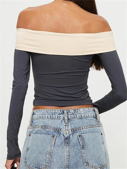 Long Sleeve Crop Contrast Color Off-Shoulder Casual Club Streetwear Aesthetic T-shirts