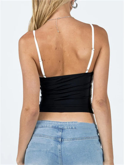 Women Sleeveless Spaghetti Strap Square Neck Contrast Color Slim Fit Basic Black Mini Vest 2024 Crop Top