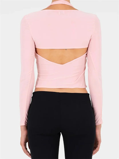 Summer Halter Solid Color Backless Off Shoulder with Long Sleeve Shrugs Streetwear 2024 Crop Top