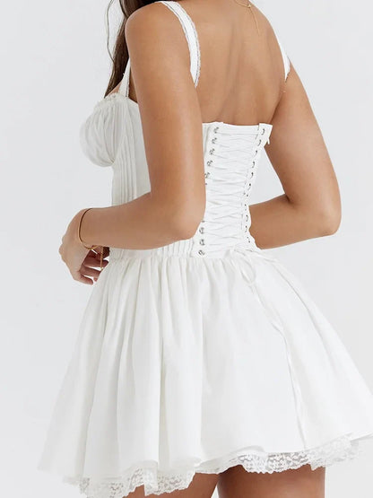 Lace Floral Square Neck Tie-up Mini Dresses