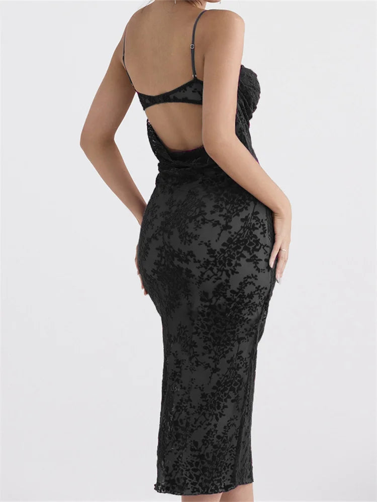 Vintage Lace Sleeveless Strap Low Cut Backless Floral Print Midi Dress