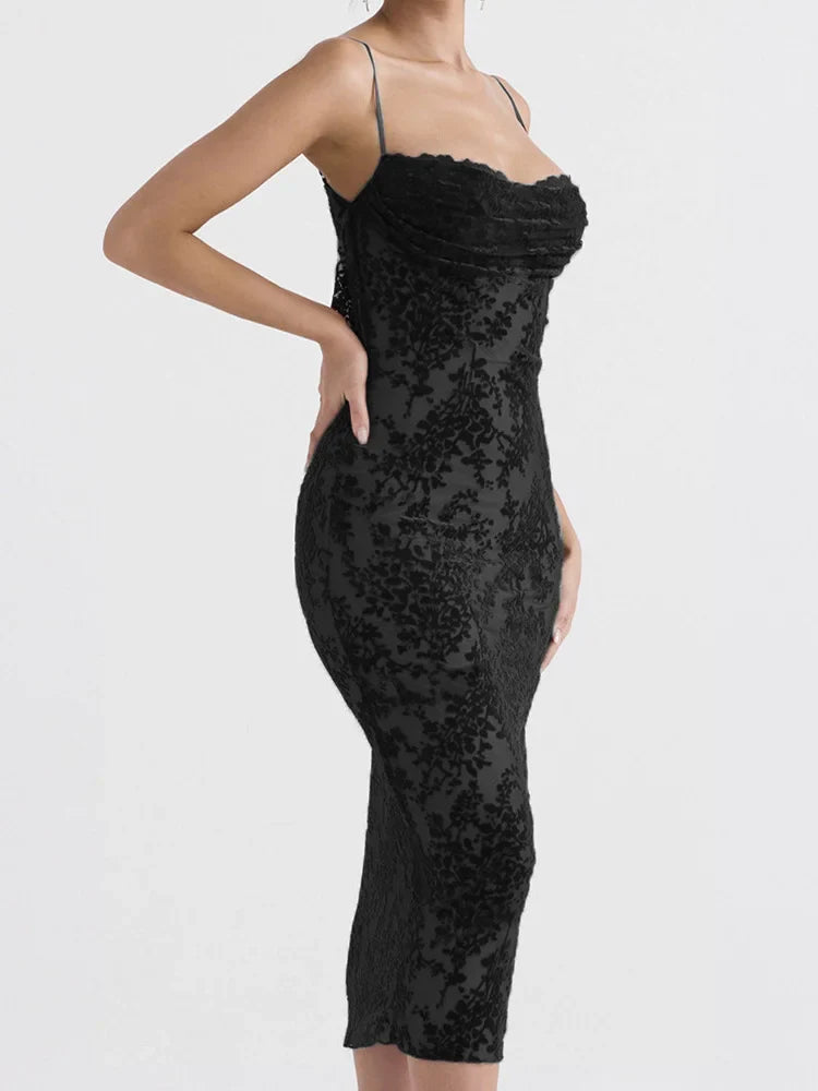 Vintage Lace Sleeveless Strap Low Cut Backless Floral Print Midi Dress