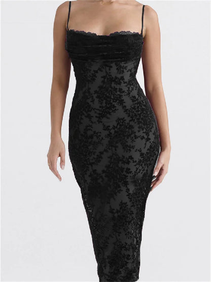 Vintage Lace Sleeveless Strap Low Cut Backless Floral Print Midi Dress