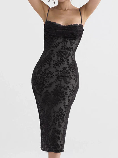 Vintage Lace Sleeveless Strap Low Cut Backless Floral Print Midi Dress