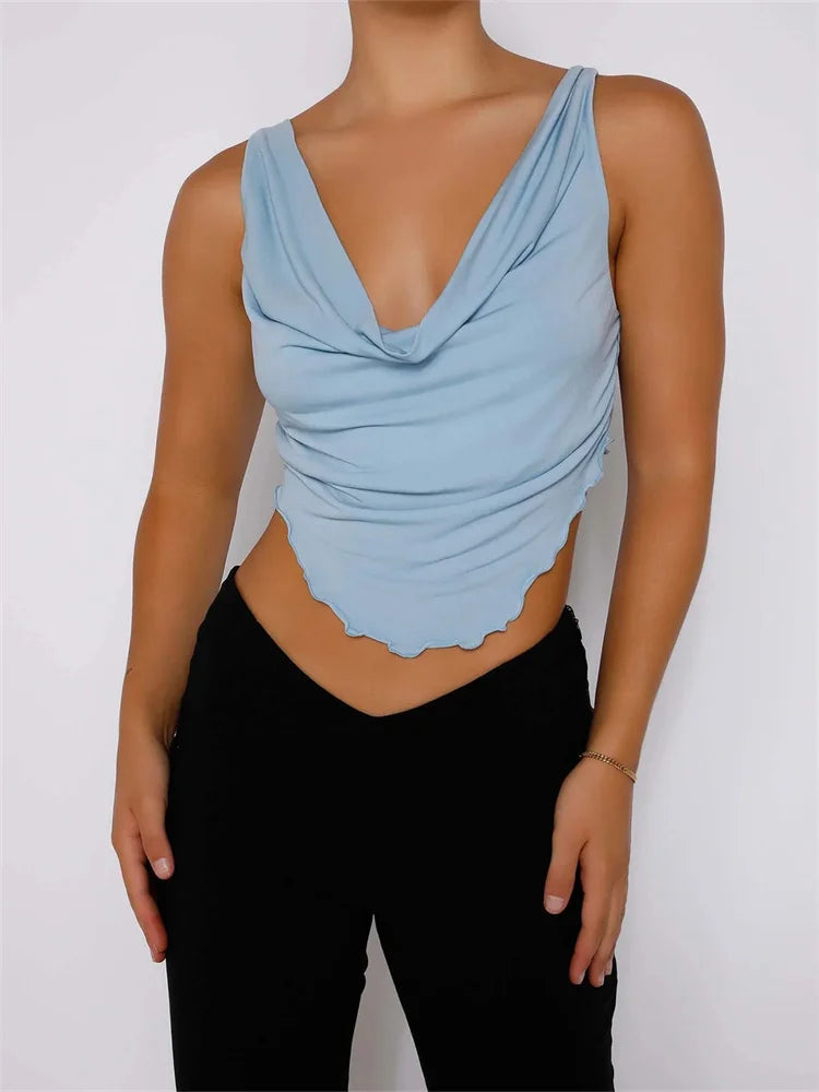 Women Vintage Low Cut Ruched Sleeveless Strap Slim Fit Backless Lace-up Y2K Streetwear 2024 New Crop Top