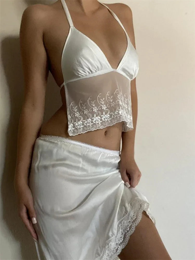 Y2K Lace Patchwork Camisole Vintage Slim Fit Backless Sleeveless V Neck Top Aesthetic Summer Clubwear Crop Top