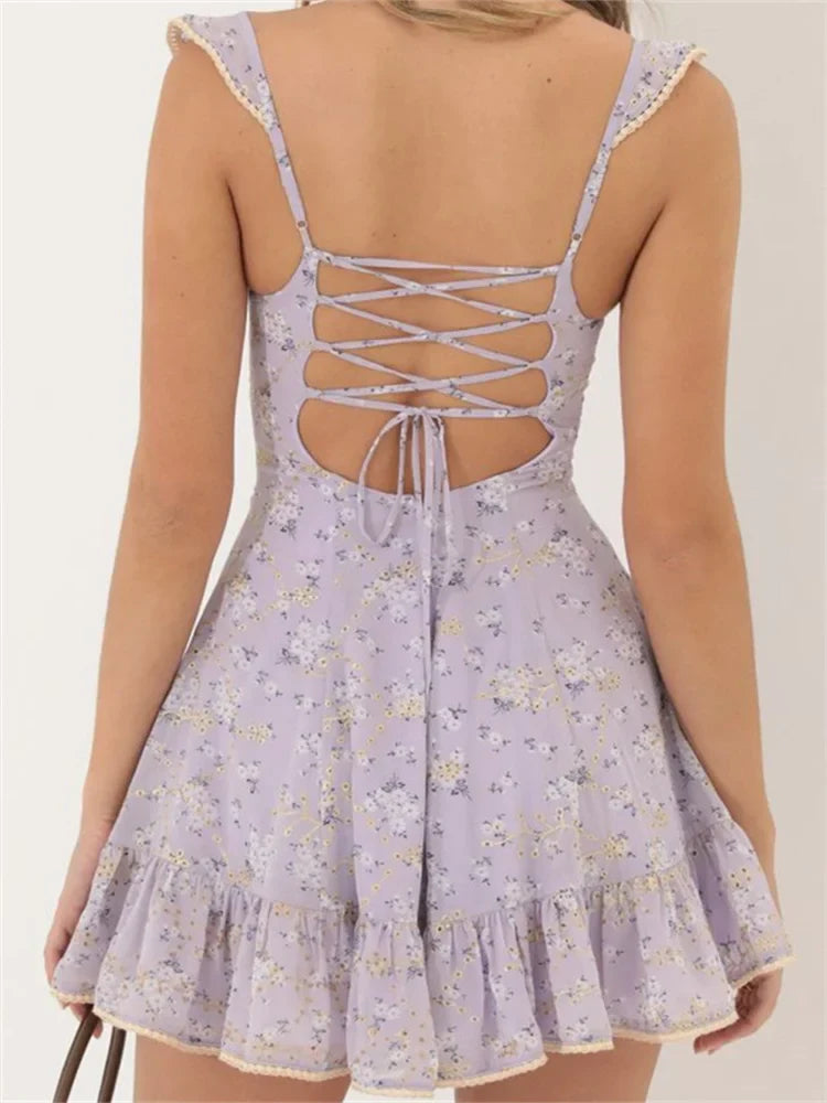 Vintage Floral Print Criss-cross Tie-up Mini Dresses