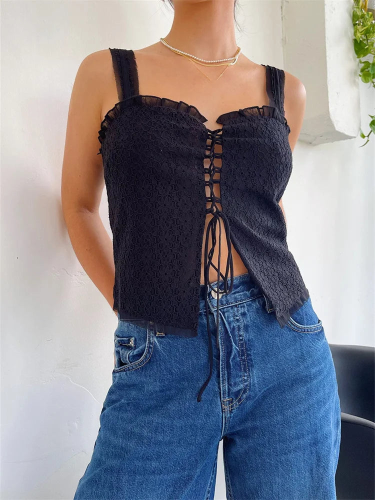Y2K Women Floral Lace Mesh Ruffles Vests Sleeveless Low-Cut Tie-Up Vintage Summer Irregular Hem Tanks 2024 Crop Top