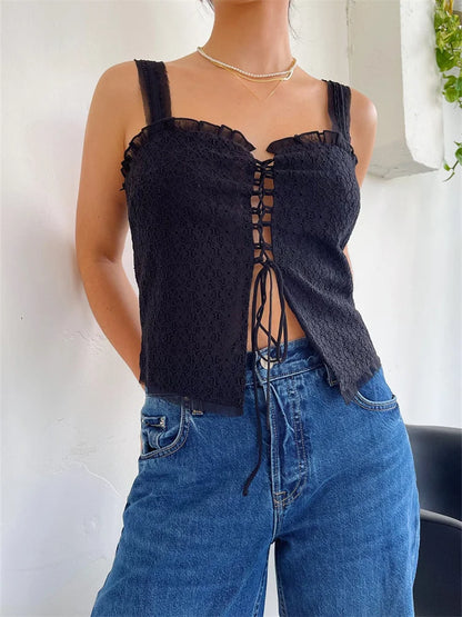 Y2K Women Floral Lace Mesh Ruffles Vests Sleeveless Low-Cut Tie-Up Vintage Summer Irregular Hem Tanks 2024 Crop Top