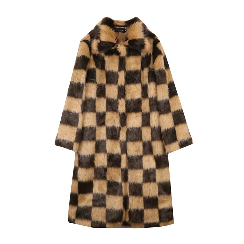 Checkerboard Plaid Faux Thick Warm Winter Plush Artificial Fake Coat