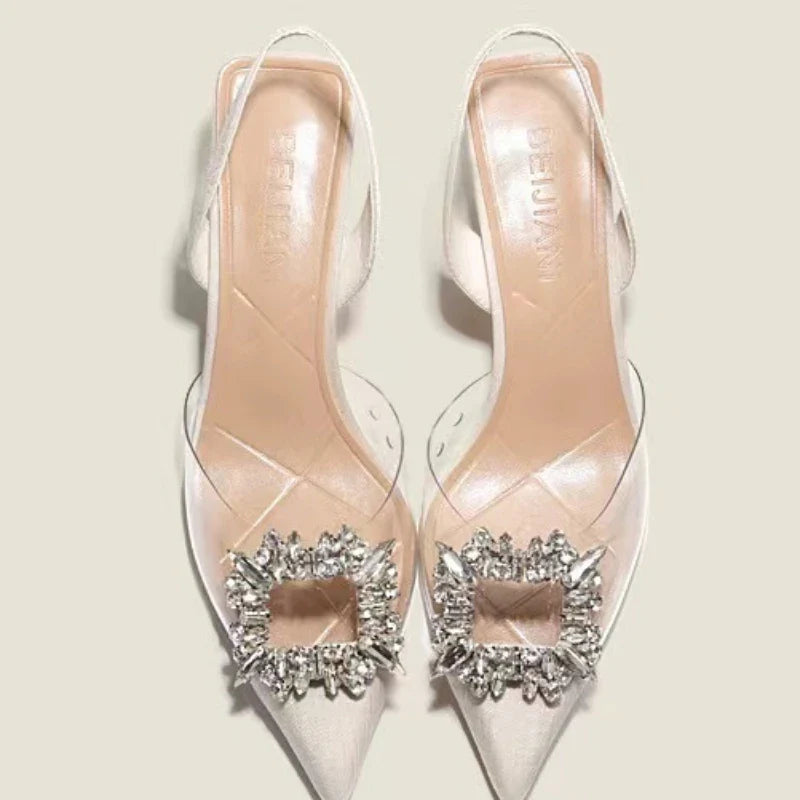 Classic Square Rhinestone Summer Sexy Pointed Slingback Simple Elegant Low Heel Pumps