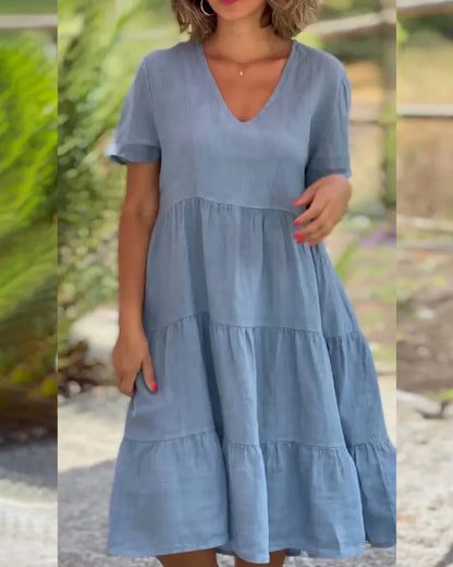 V-Neck Cotton Linen Casual Swing Midi Dress