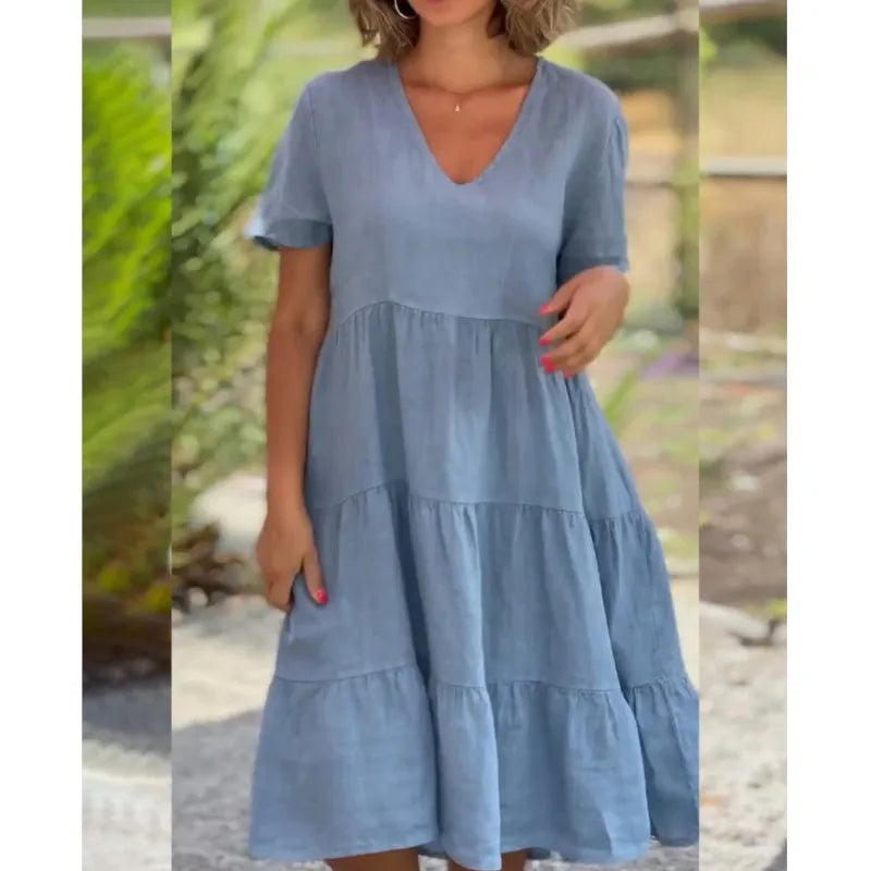 V-Neck Cotton Linen Casual Swing Midi Dress