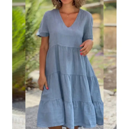 V-Neck Cotton Linen Casual Swing Midi Dress