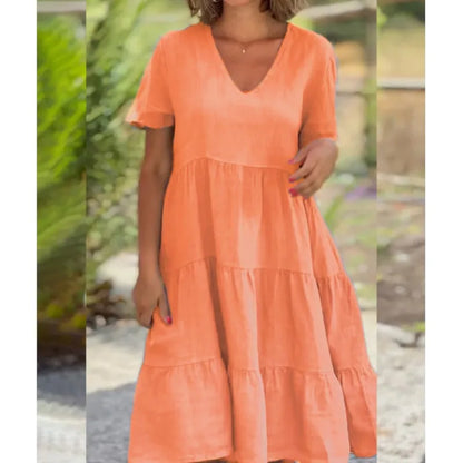 V-Neck Cotton Linen Casual Swing Midi Dress