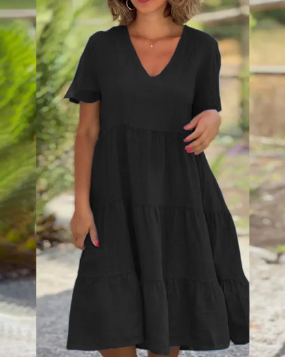 V-Neck Cotton Linen Casual Swing Midi Dress