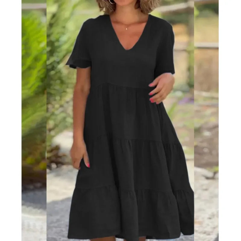 V-Neck Cotton Linen Casual Swing Midi Dress