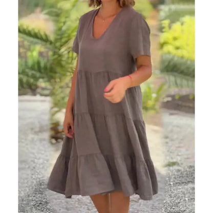 V-Neck Cotton Linen Casual Swing Midi Dress