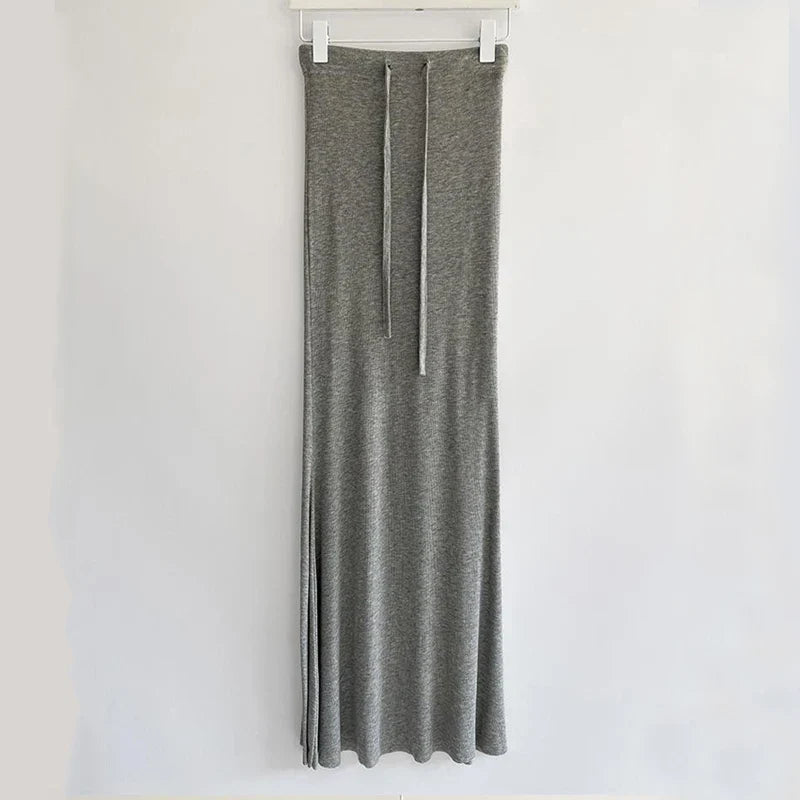 Drawstring Orange Vintage High Waist Maxi Sexy Tight Elegant Skirt