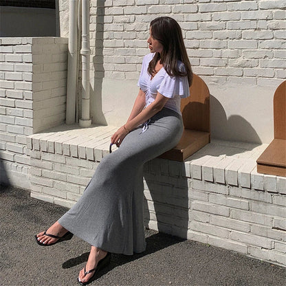 Drawstring Orange Vintage High Waist Maxi Sexy Tight Elegant Skirt