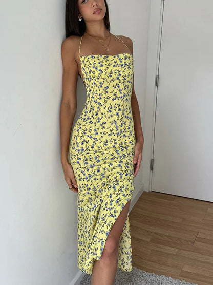 Lace Up Floral Halter Bodycon Midi Dress