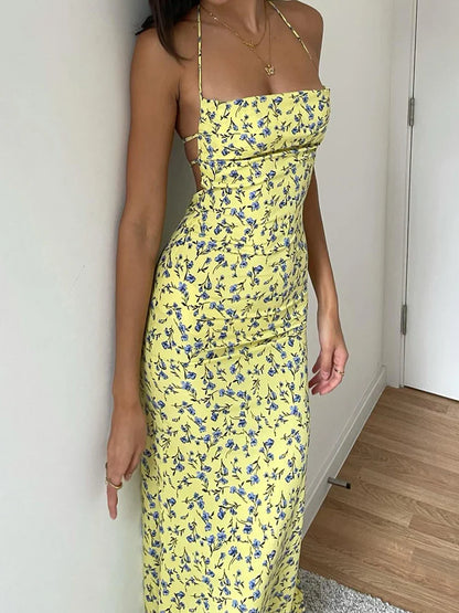 Lace Up Floral Halter Bodycon Midi Dress