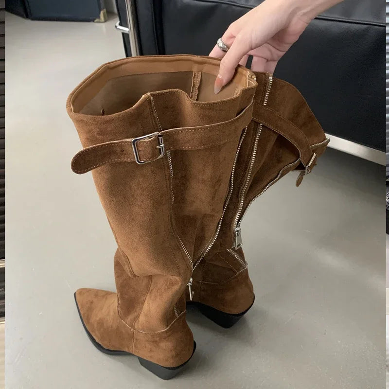 2024 Winter Belt Buckle Pointed Toe Vintage Square Low Heels Knee High Boots