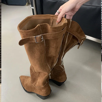 2024 Winter Belt Buckle Pointed Toe Vintage Square Low Heels Knee High Boots