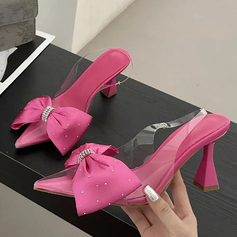 Fashion Butterfly-knot Pointed Toe Women PVC Transparent Highs Wedding Banquet Mules Shoes Low Heel Pumps