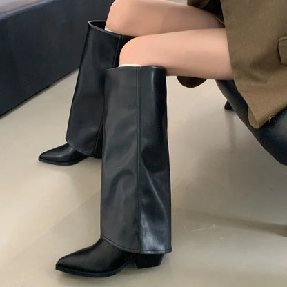 Spring Autumn Pointed Toe Designer Vintage Square Low Heels Knee High Boots
