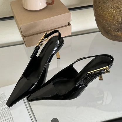 Street Style Sexy Pointed Toe Metal Buckle Strap Women Stripper Slingback High Shoes Low Heel Pumps